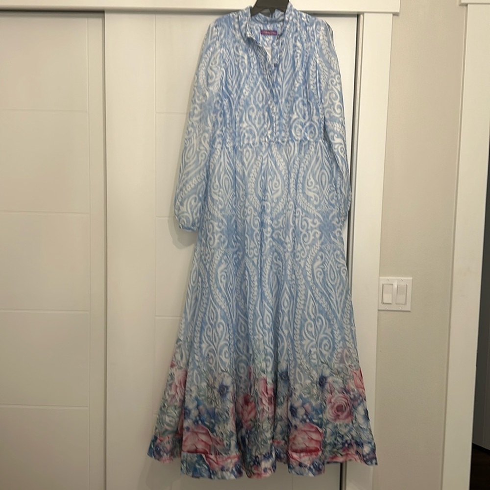 Light Blue Patterned Maxi Dress with Floral Hem